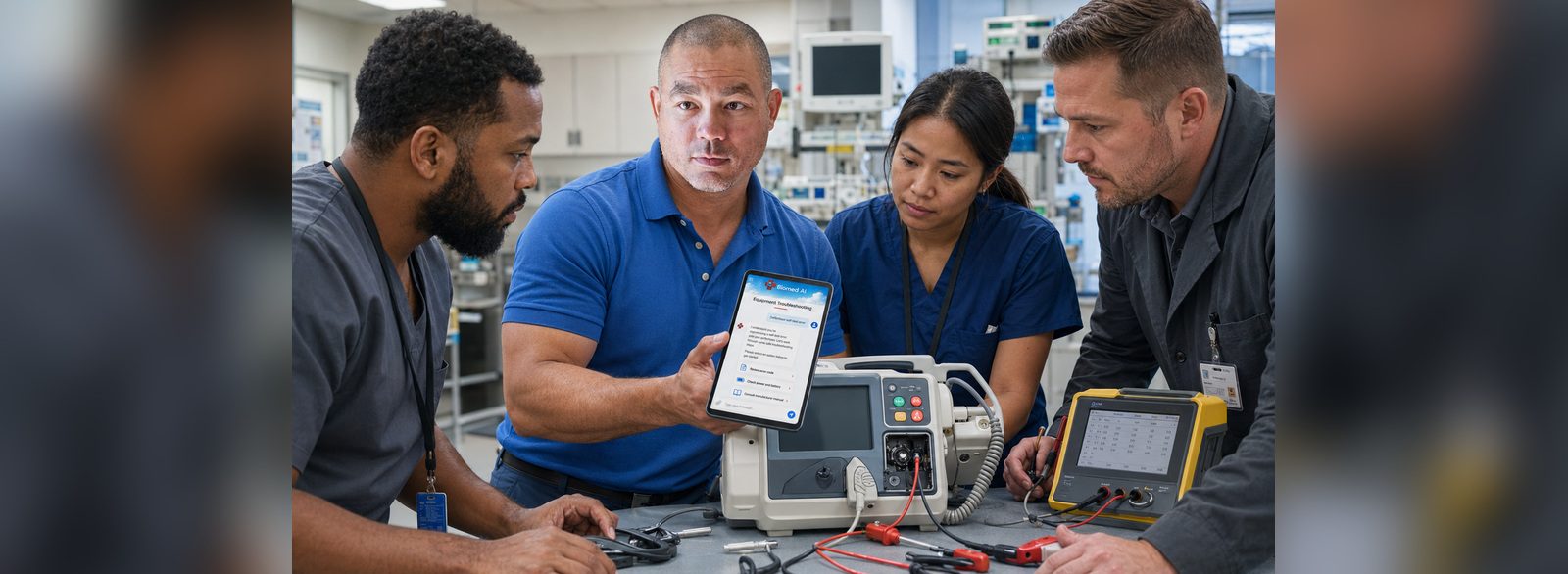 BMET lead demonstrating Biomed AI defibrillator troubleshooting in the BiomedRx App during a bench repair