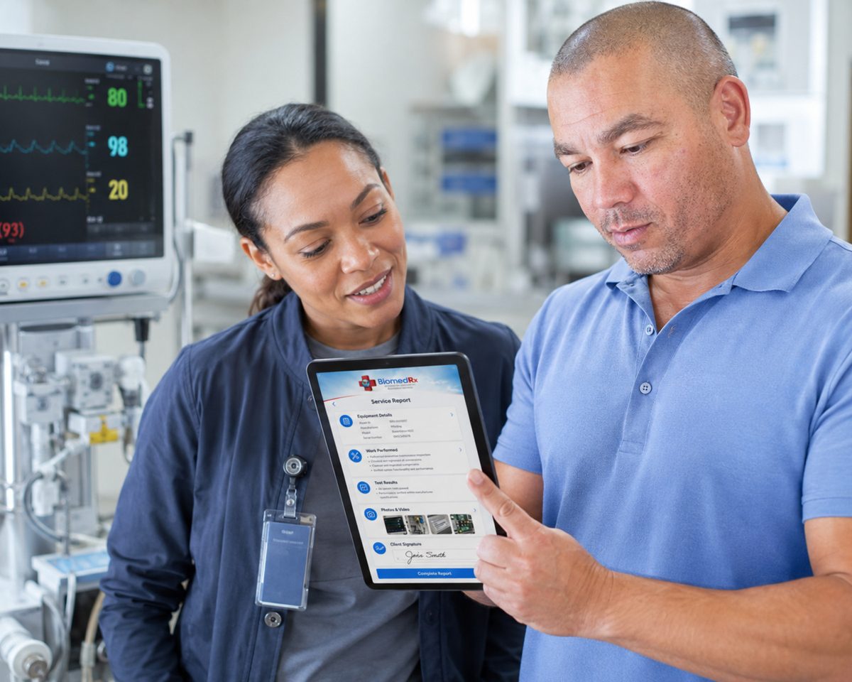 Two biomedical staff reading an equipment record in the BiomedRx app next to a patient monitor displaying vital signs