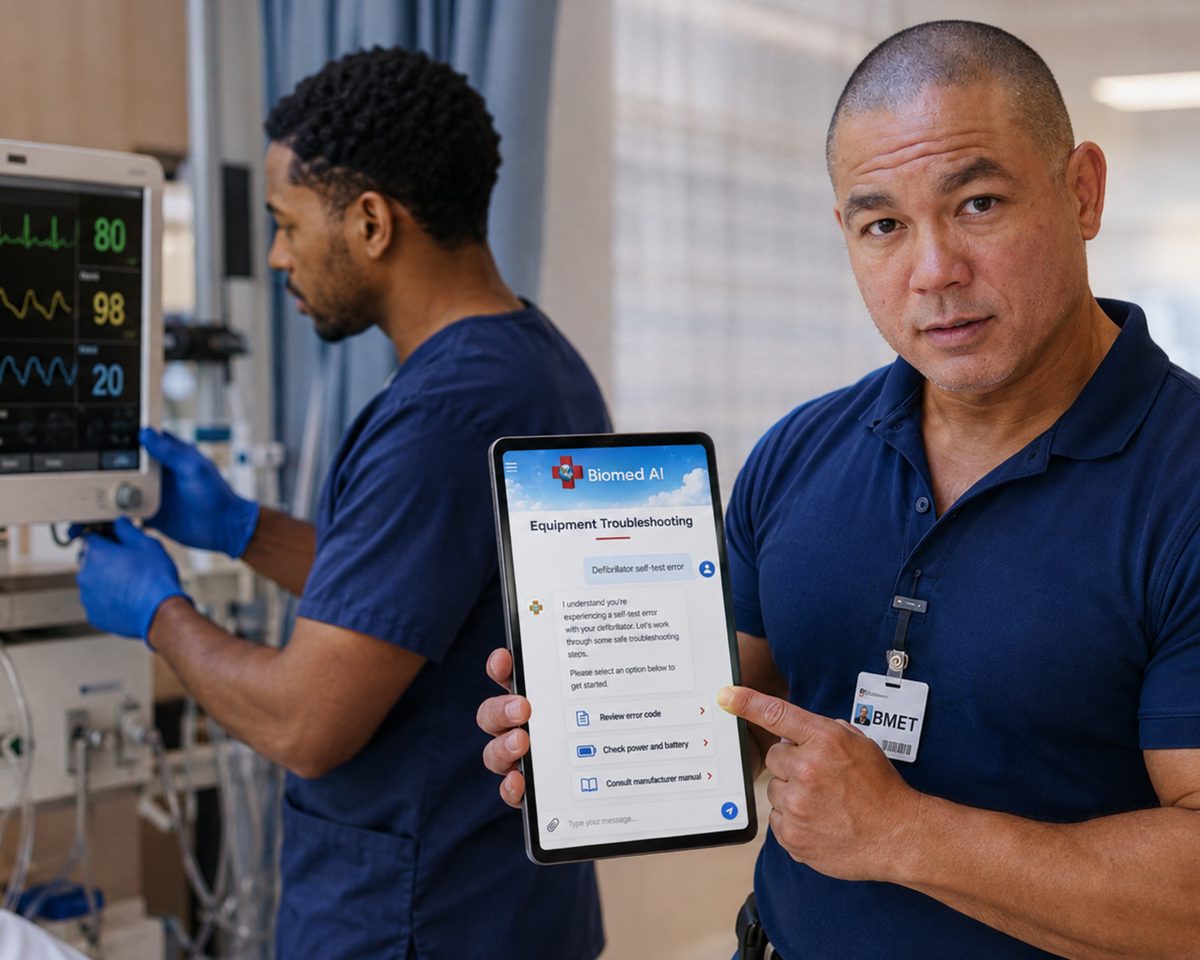 Close view of the BiomedRx app equipment troubleshooting screen held by a technician in a biomedical workshop