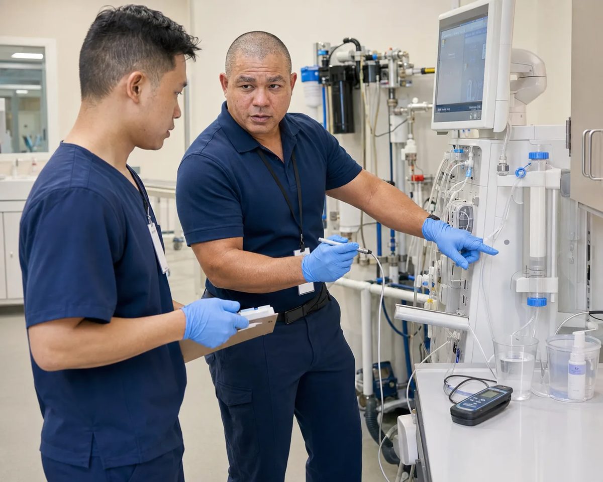 Gloved biomedical equipment technician showing a colleague a dialysis machine beside its water treatment loop